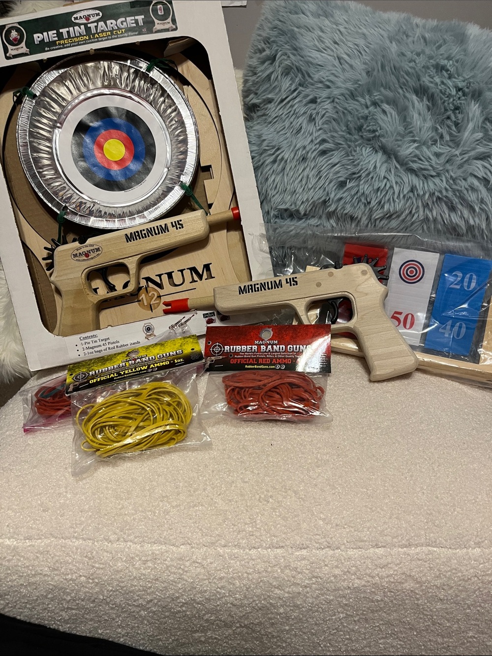 Magnum Wooden Rubber Band Gun Set with Target and Multi-Color Ammo
